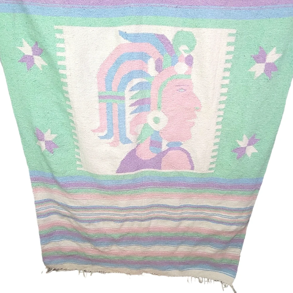 Pastel Striped Aztec Warrior Native American Woven Fringe Saddle Blanket 45x80